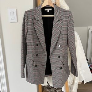 Plaid black, white, red double breasted blazer